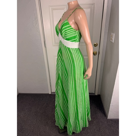 Vintage 70s Women's Dress 10 Cotton Polyester Maxi V neck Striped Party K3-21 - Picture 6 of 15